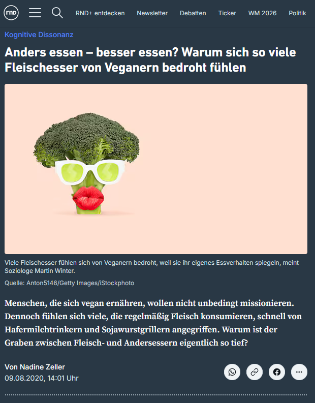 Anders essen – besser essen? Warum sich so viele Fleischesser von Veganern bedroht fühlen (RND; Badische Zeitung)